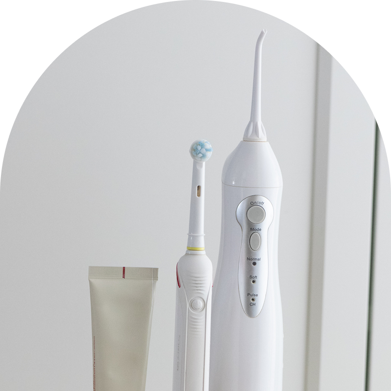 Toothpaste, electric toothbrush, and water flosser. Toothpaste, electric toothbrush, and water flosser.